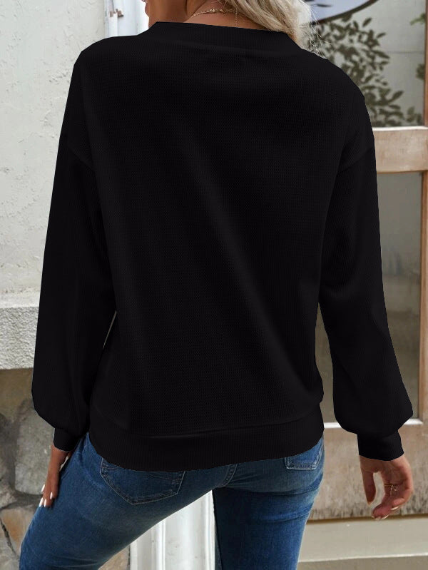 Button Front V Neck Drop Shoulder Knit Top - Black - 1