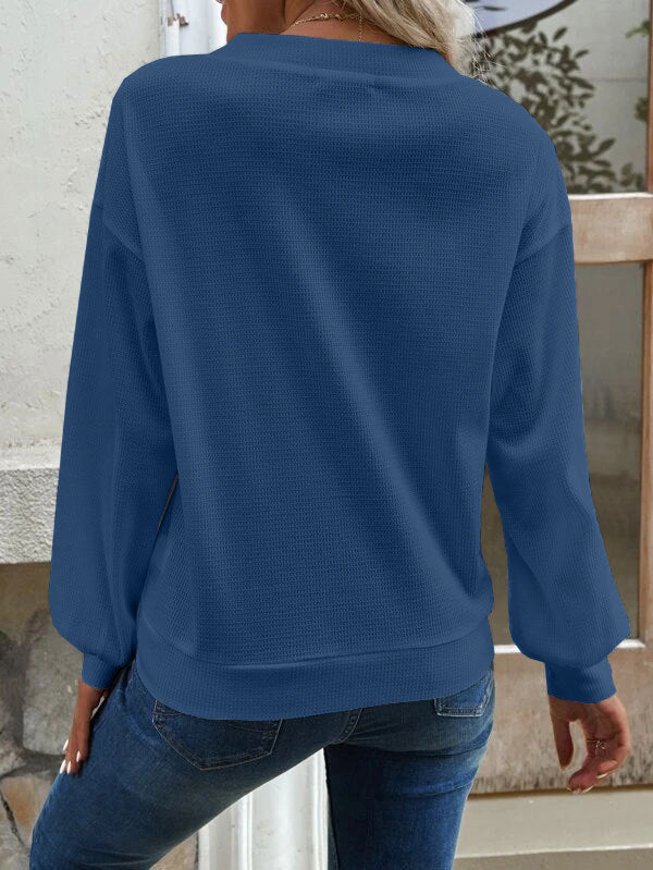 Button Front V Neck Drop Shoulder Knit Top - Blue - 1
