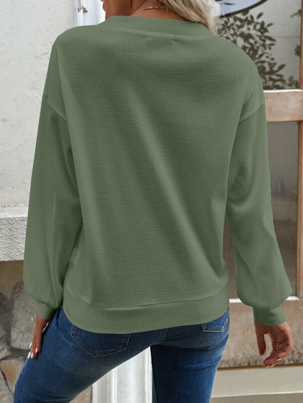 Button Front V Neck Drop Shoulder Knit Top - Green - 1