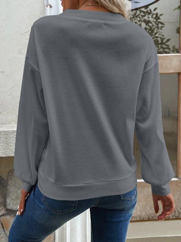 Button Front V Neck Drop Shoulder Knit Top - Grey - 1