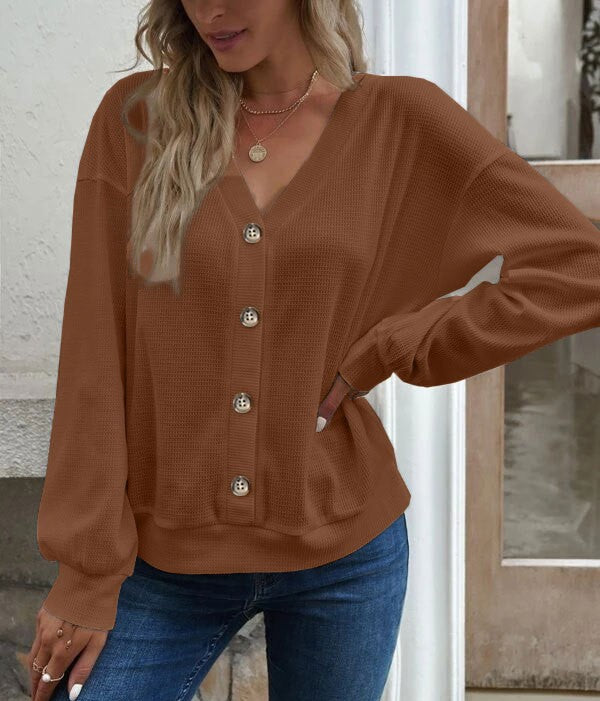 Button Front V Neck Drop Shoulder Knit Top - Khaki