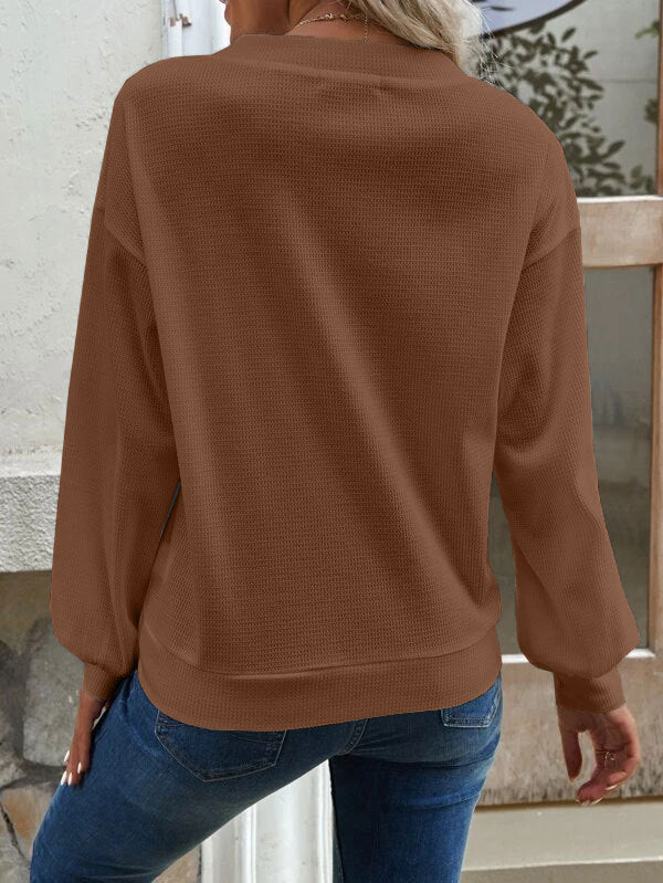 Button Front V Neck Drop Shoulder Knit Top - Khaki - 1
