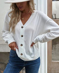Button Front V Neck Drop Shoulder Knit Top - White