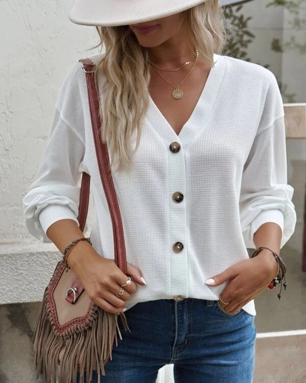 Button Front V Neck Drop Shoulder Knit Top - White - 1