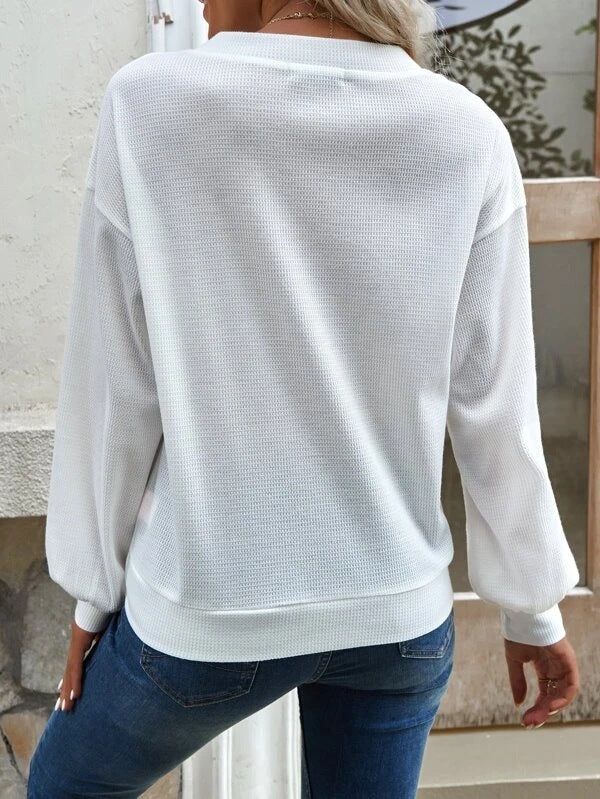 Button Front V Neck Drop Shoulder Knit Top - White - 2