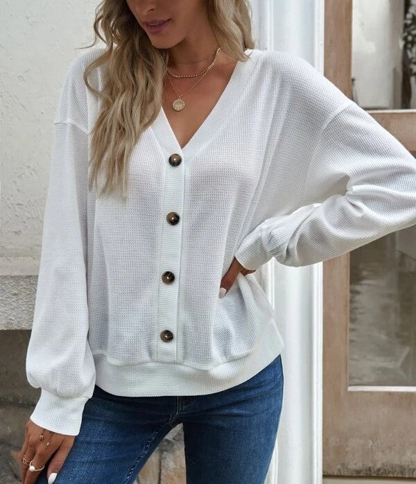 Button Front V Neck Drop Shoulder Knit Top