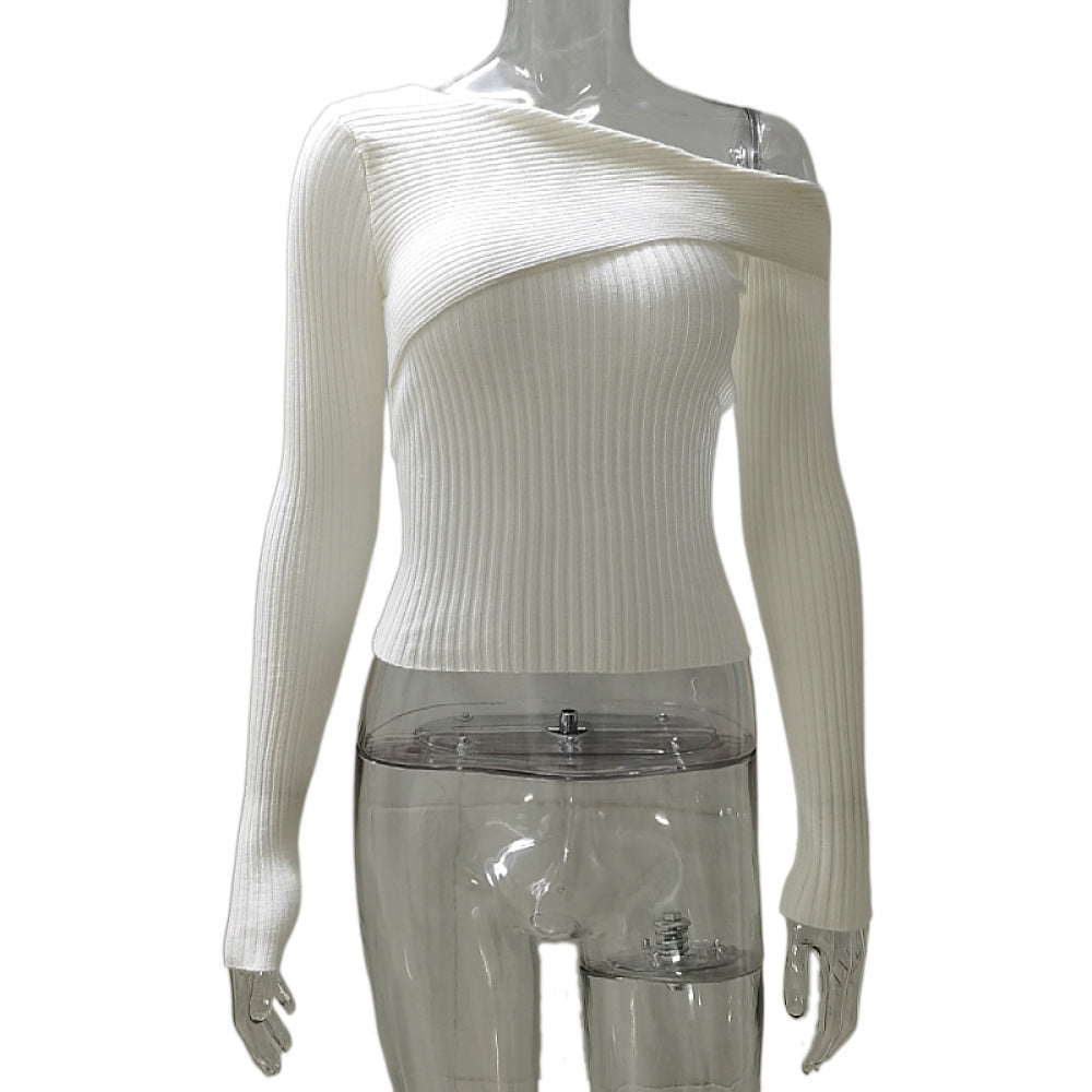 Off-Shoulder Foldover Ribbed Knit Top, Long Sleeve - White - 1