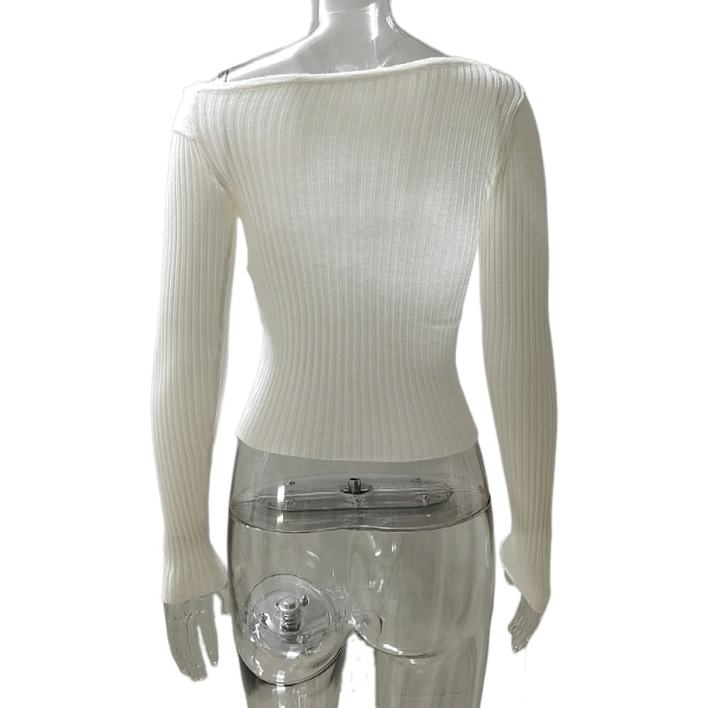 Off-Shoulder Foldover Ribbed Knit Top, Long Sleeve - White - 2