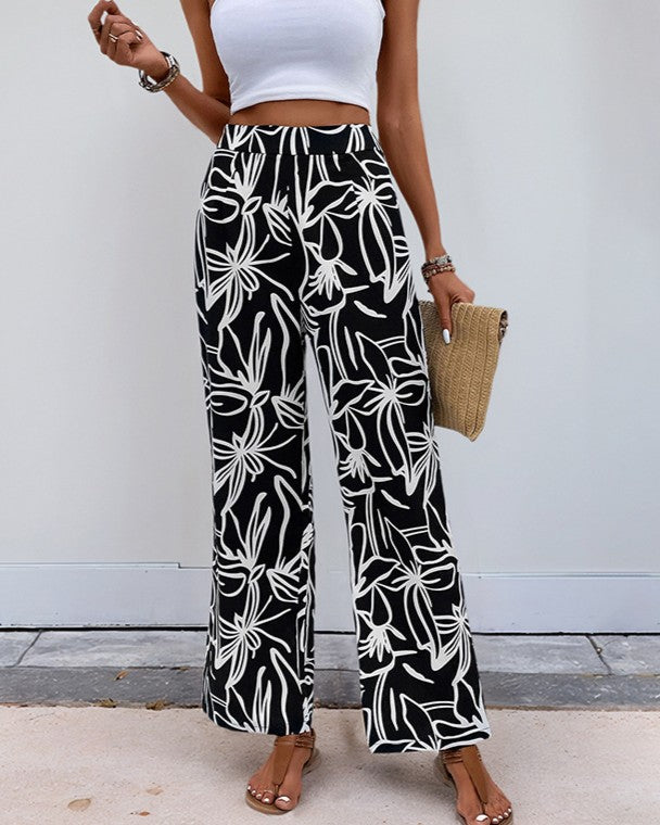 Tropical Leaf Print Wide Leg Trousers - Black