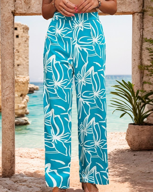 Tropical Leaf Print Wide Leg Trousers - Blue