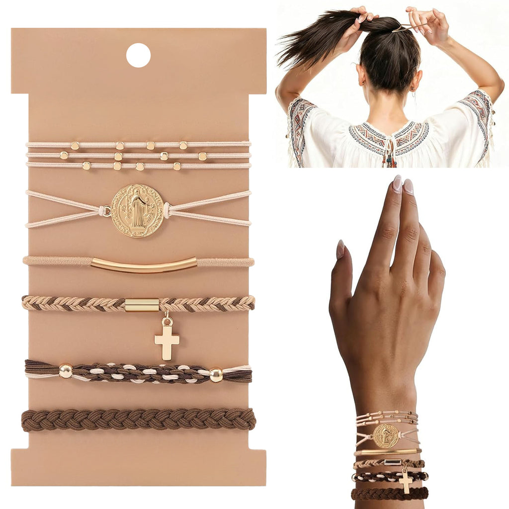 Boho Charm Hair Tie Bracelet Set - Cross