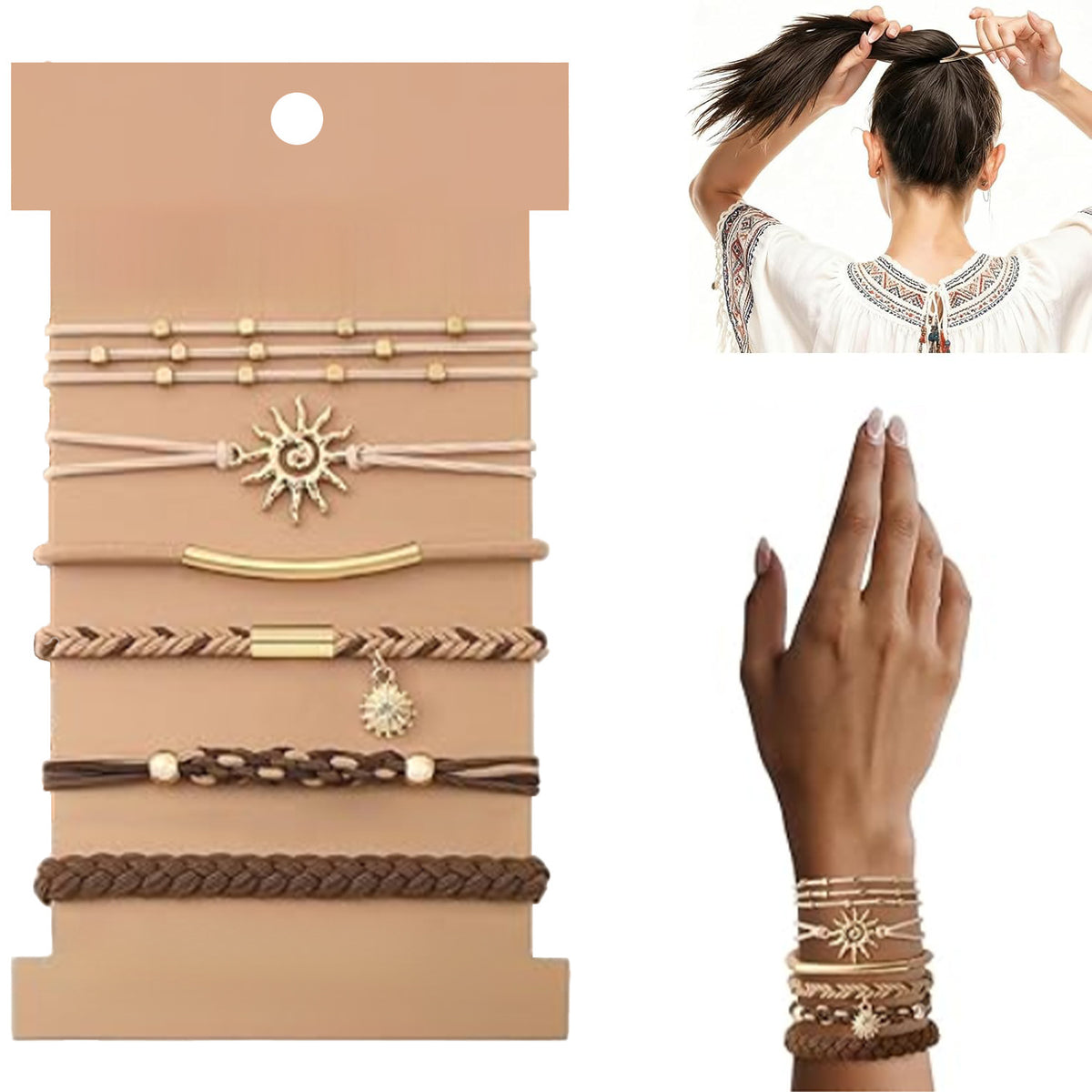 Boho Charm Hair Tie Bracelet Set - Sun