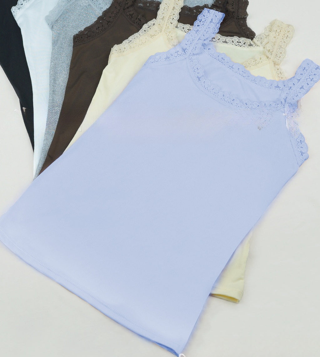 Scalloped Lace Strap Ribbed Tank Top - Blue