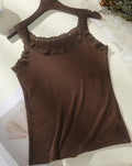 Scalloped Lace Strap Ribbed Tank Top - Coffee