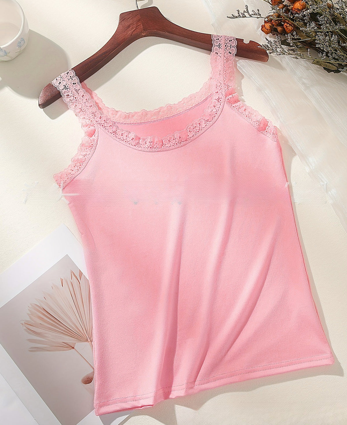 Scalloped Lace Strap Ribbed Tank Top - Pink