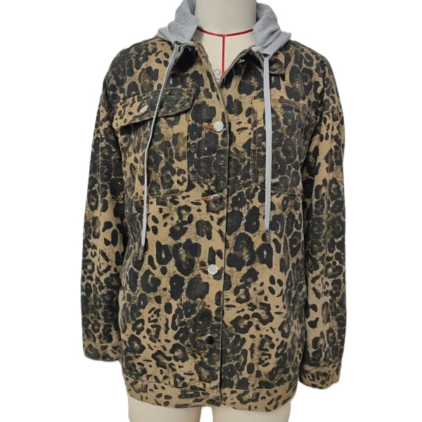Drawstring Hood Leopard Denim Jacket - Brown