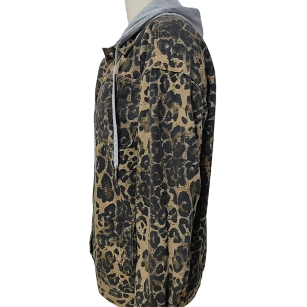 Drawstring Hood Leopard Denim Jacket - Brown - 1