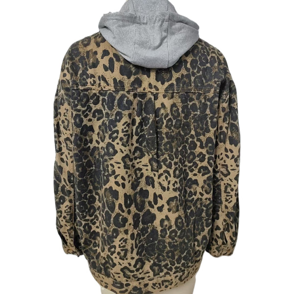 Drawstring Hood Leopard Denim Jacket - Brown - 2