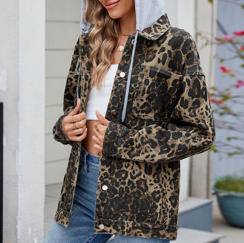 Drawstring Hood Leopard Denim Jacket - Brown - 3