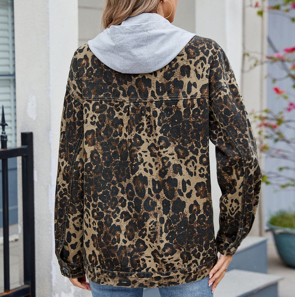 Drawstring Hood Leopard Denim Jacket - Brown - 4
