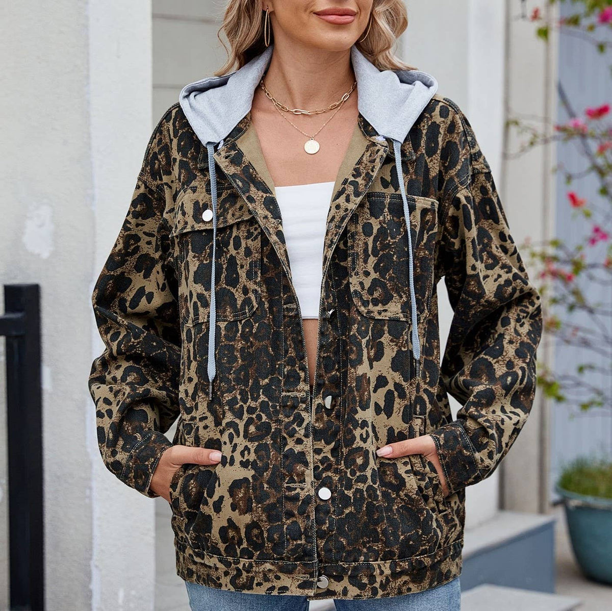 Drawstring Hood Leopard Denim Jacket