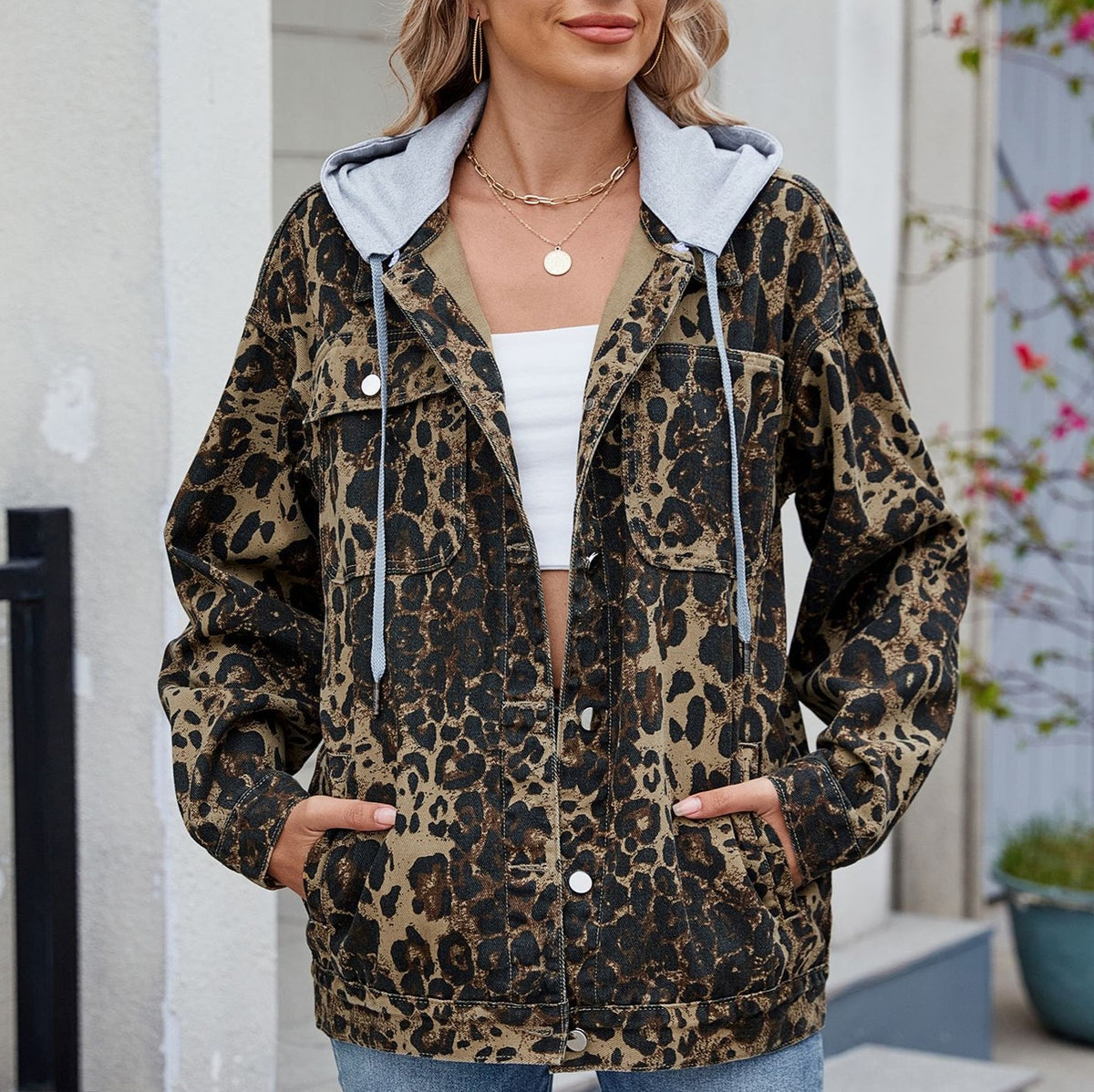 Drawstring Hood Leopard Denim Jacket - view 1