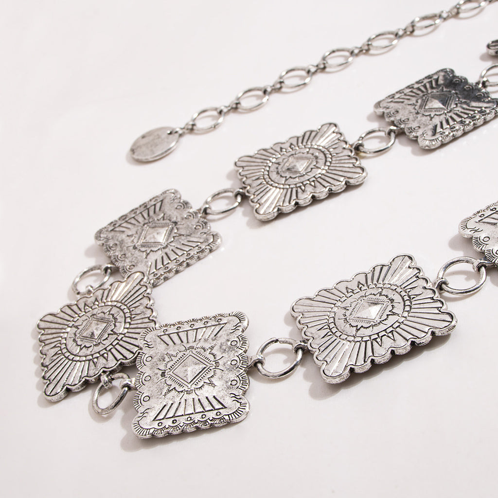 Engraved Square Concho Western Waist Chain - Silvery - 1