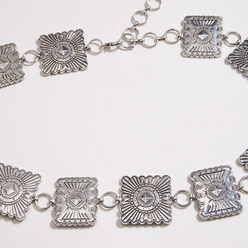 Engraved Square Concho Western Waist Chain - Silvery - 3