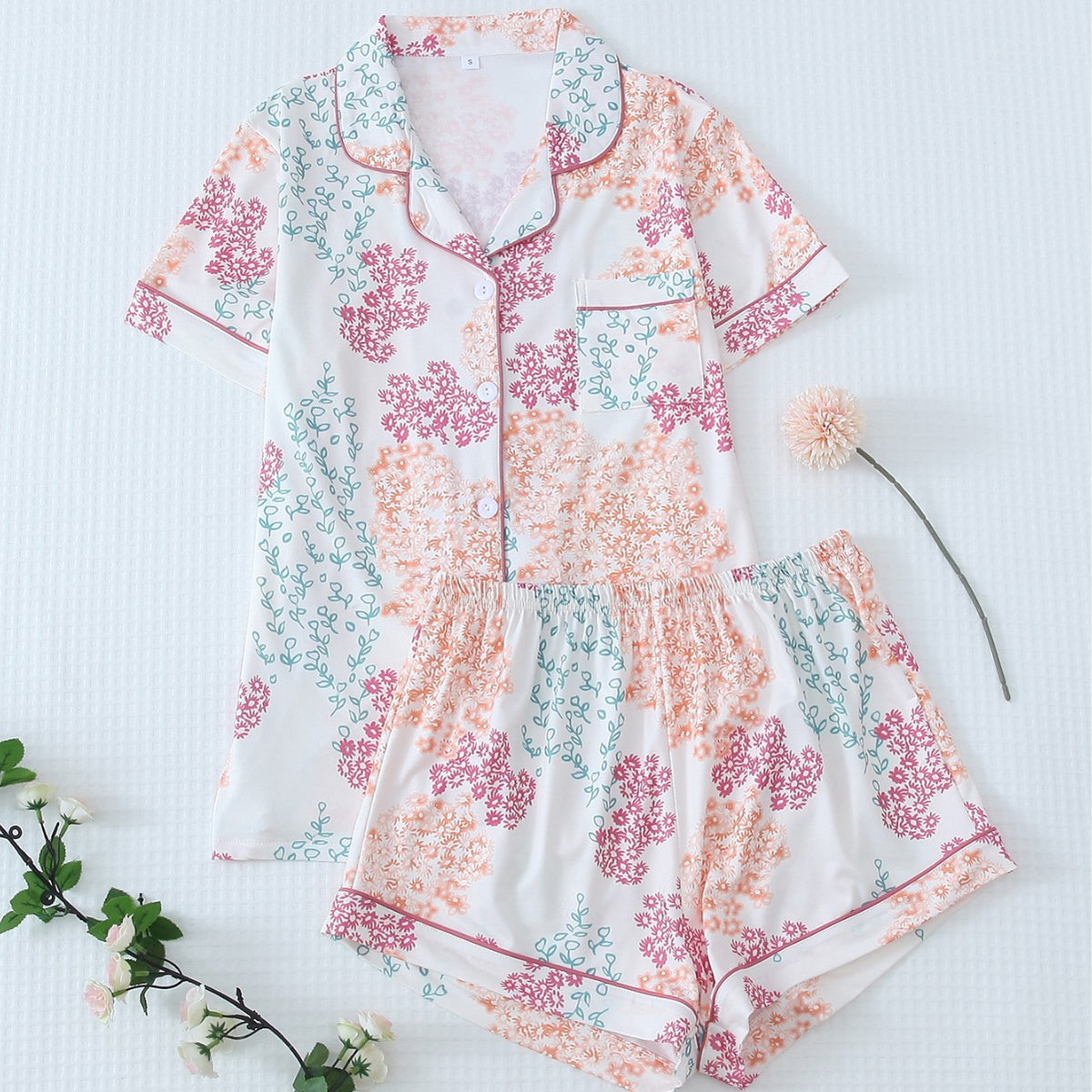 Piped Bow Print Pajama Shirt and Shorts Set - Floral