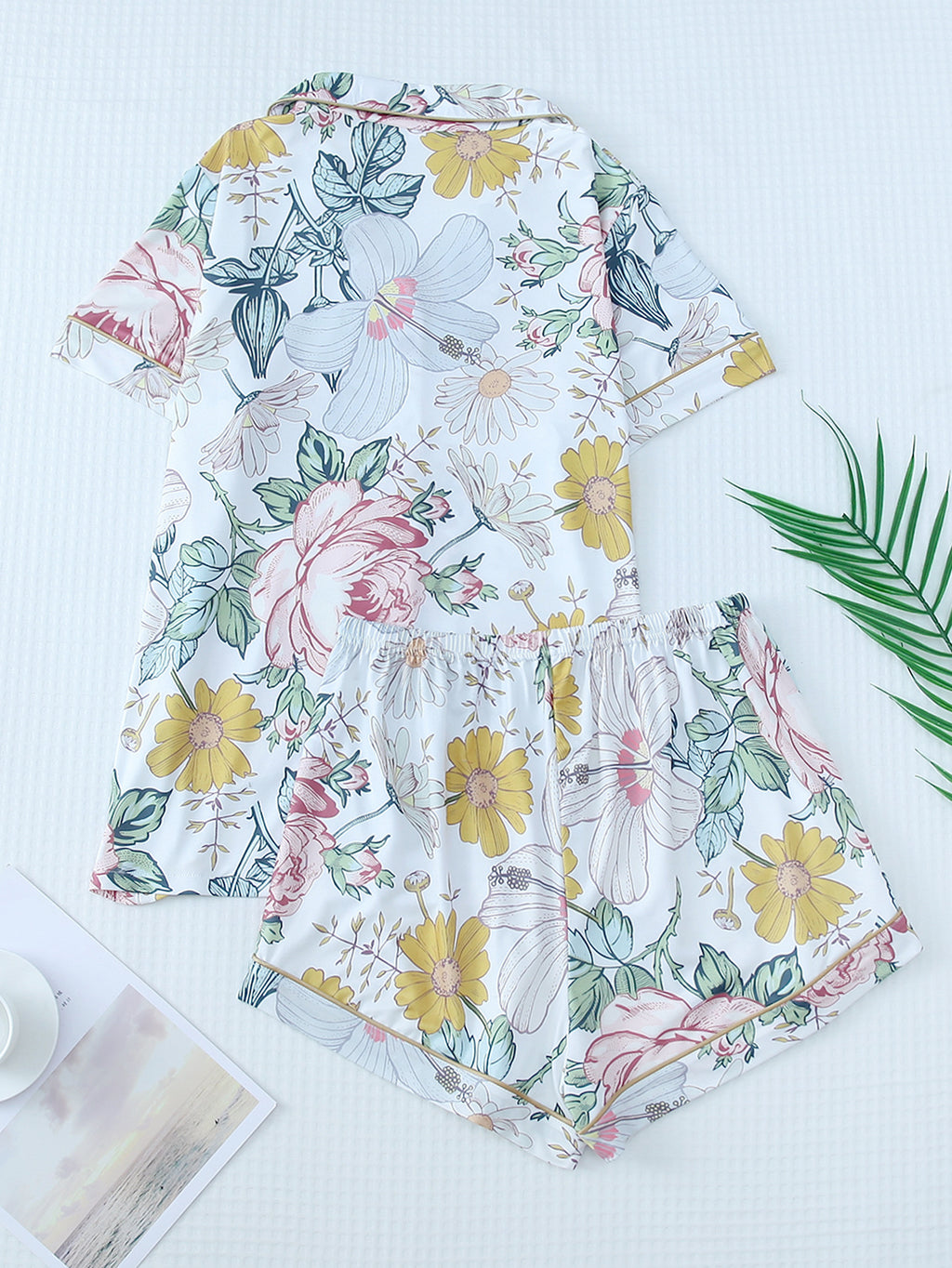 Piped Bow Print Pajama Shirt and Shorts Set - Flower - 1