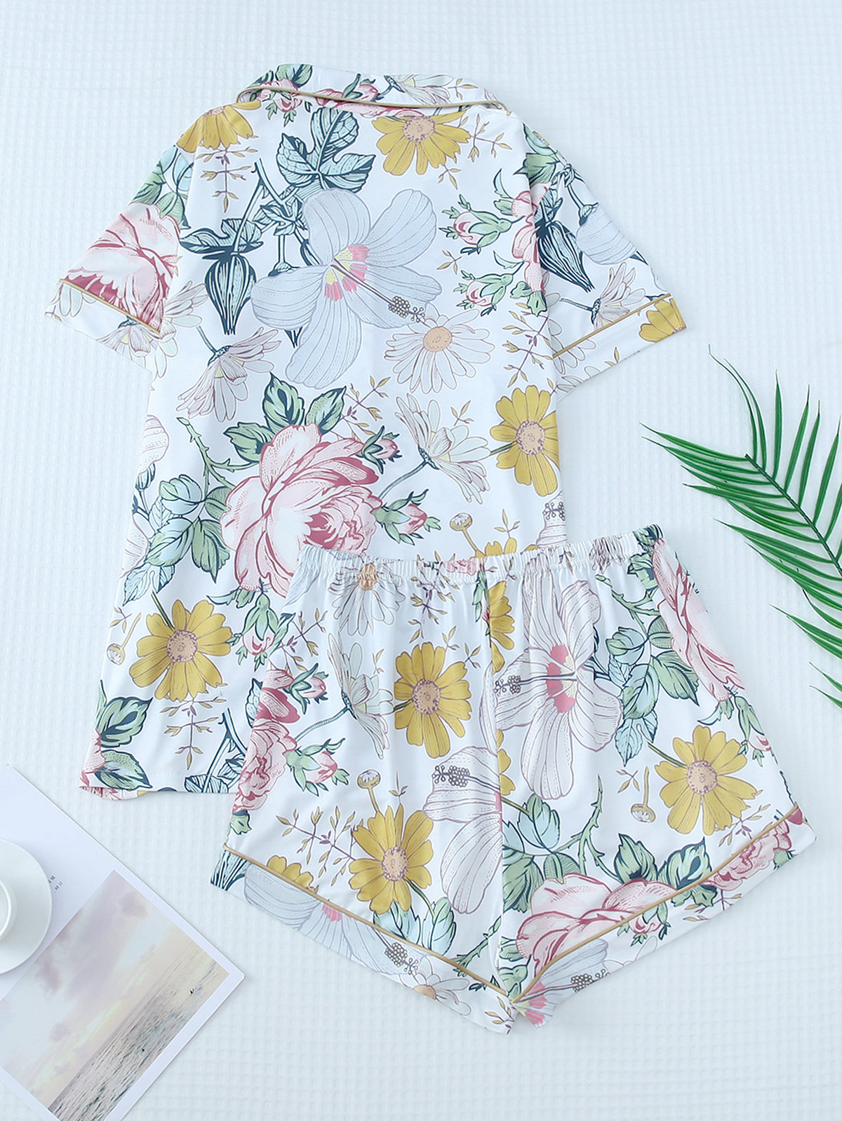 Piped Bow Print Pajama Shirt and Shorts Set - Flower - 1