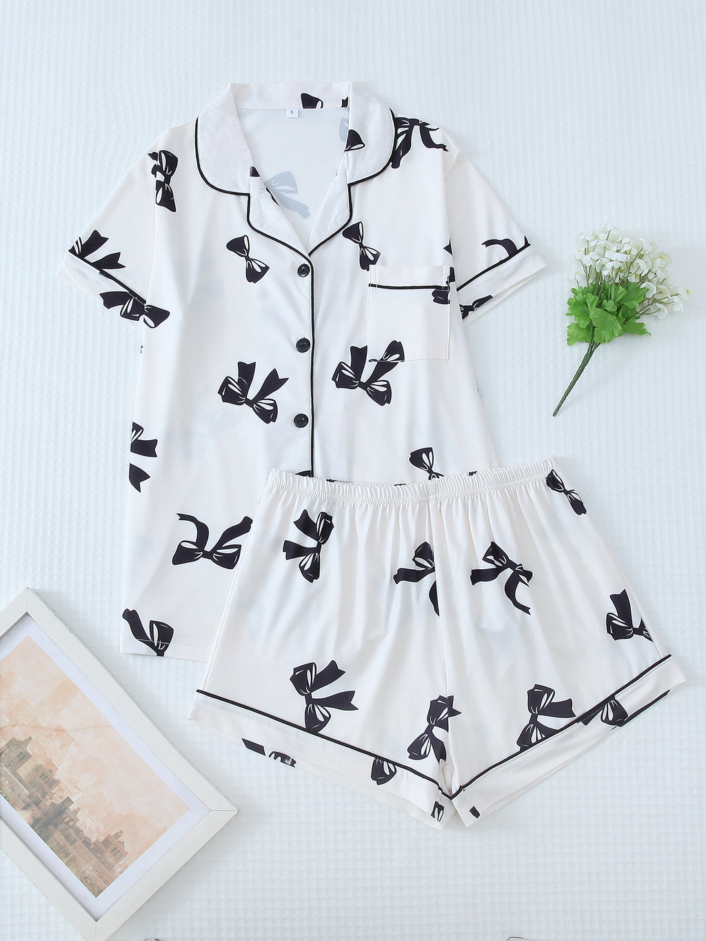 Piped Bow Print Pajama Shirt and Shorts Set - Ivory