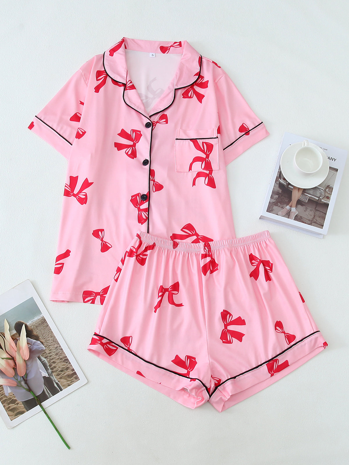 Piped Bow Print Pajama Shirt and Shorts Set - Peach