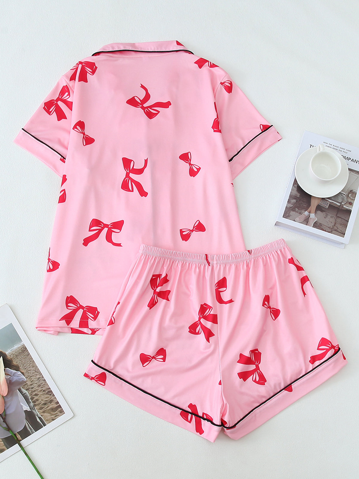 Piped Bow Print Pajama Shirt and Shorts Set - Peach - 1