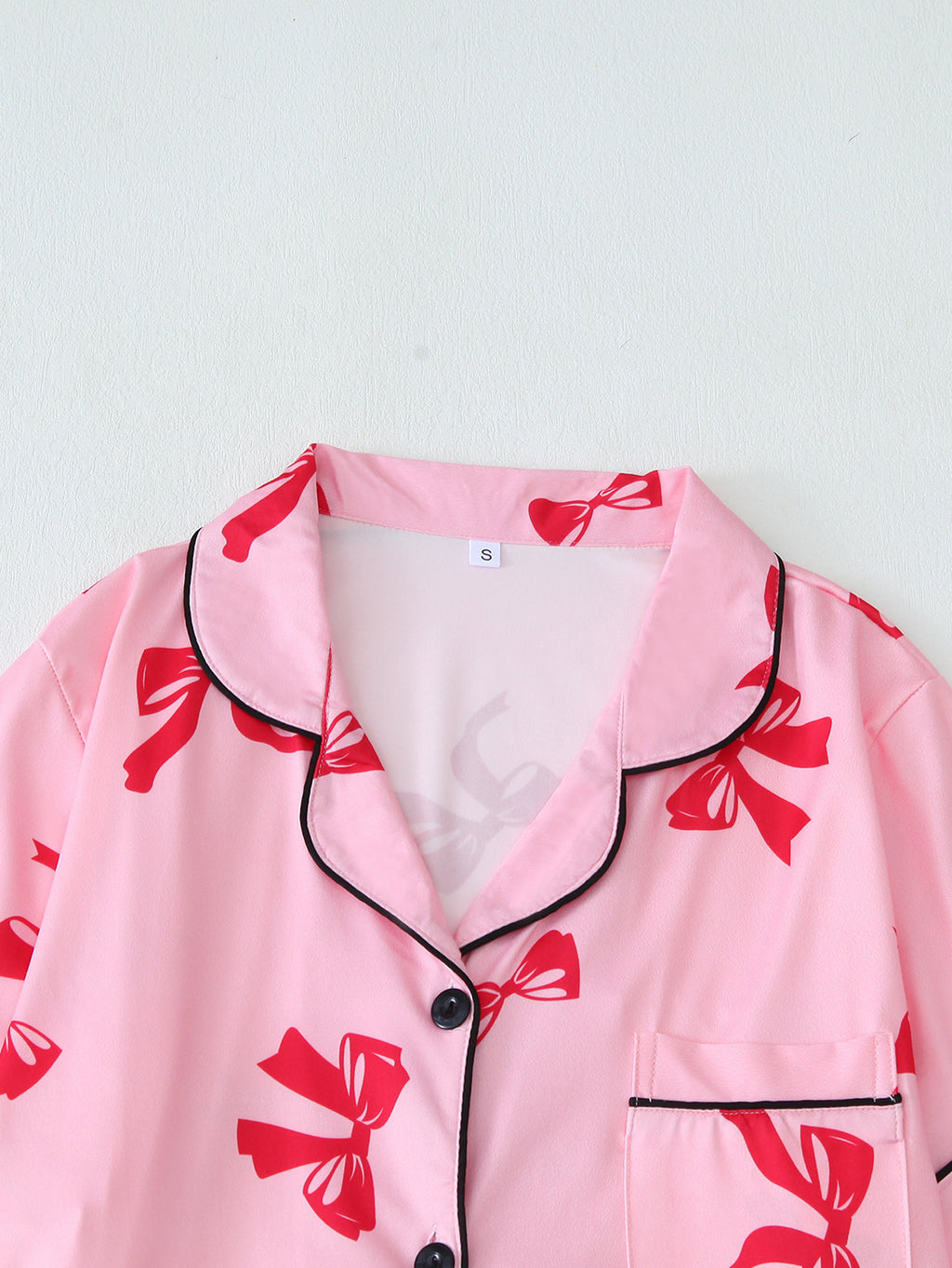 Piped Bow Print Pajama Shirt and Shorts Set - Peach - 2