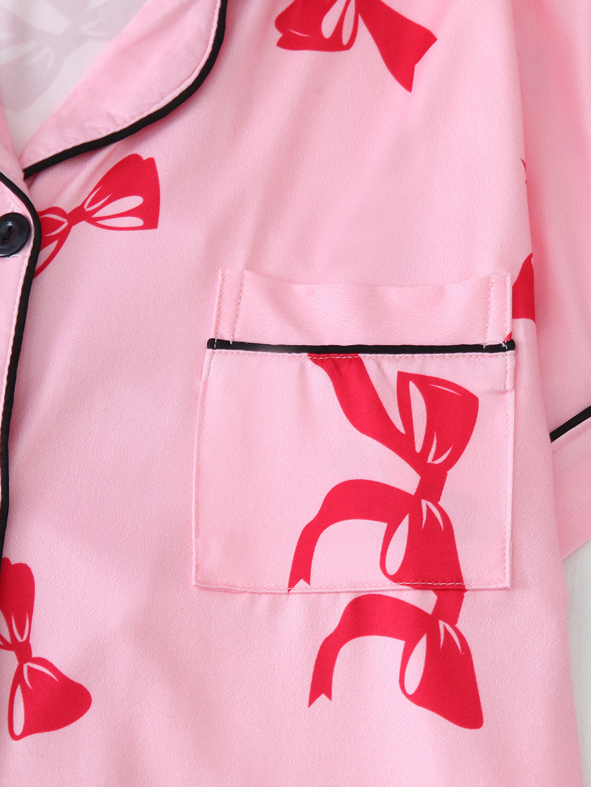 Piped Bow Print Pajama Shirt and Shorts Set - Peach - 3