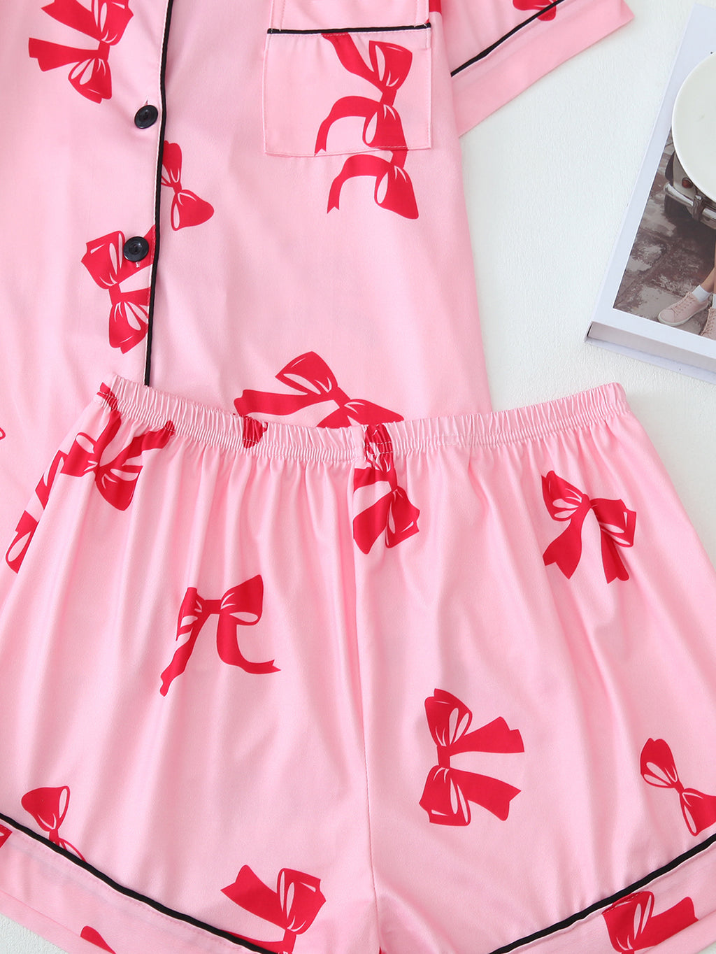 Piped Bow Print Pajama Shirt and Shorts Set - Peach - 5