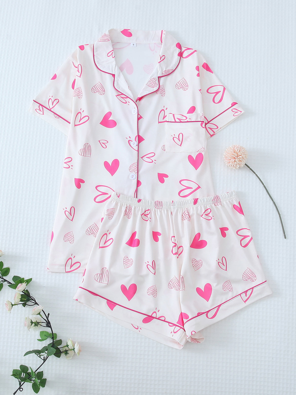 Piped Bow Print Pajama Shirt and Shorts Set - Pink