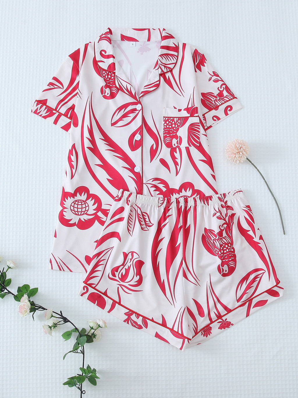 Piped Bow Print Pajama Shirt and Shorts Set - Red
