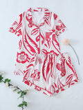 Piped Bow Print Pajama Shirt and Shorts Set - Red
