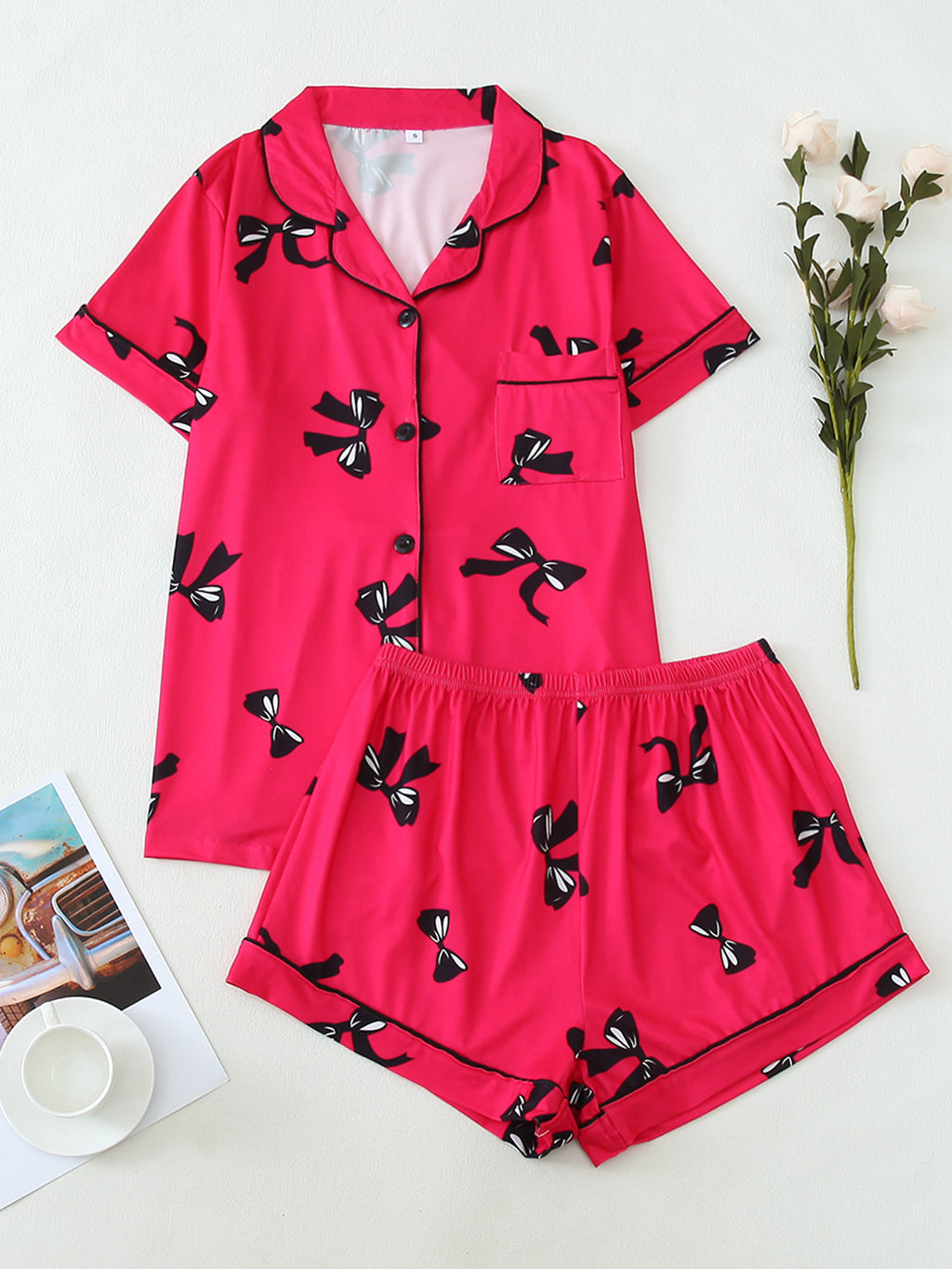 Piped Bow Print Pajama Shirt and Shorts Set - Rose