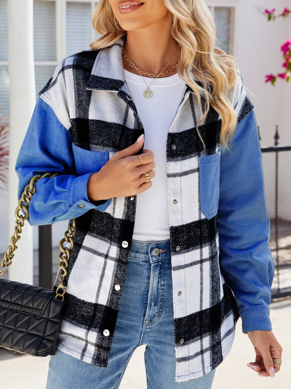 Buffalo Check Denim Colorblock Shirt Jacket - blue - 1