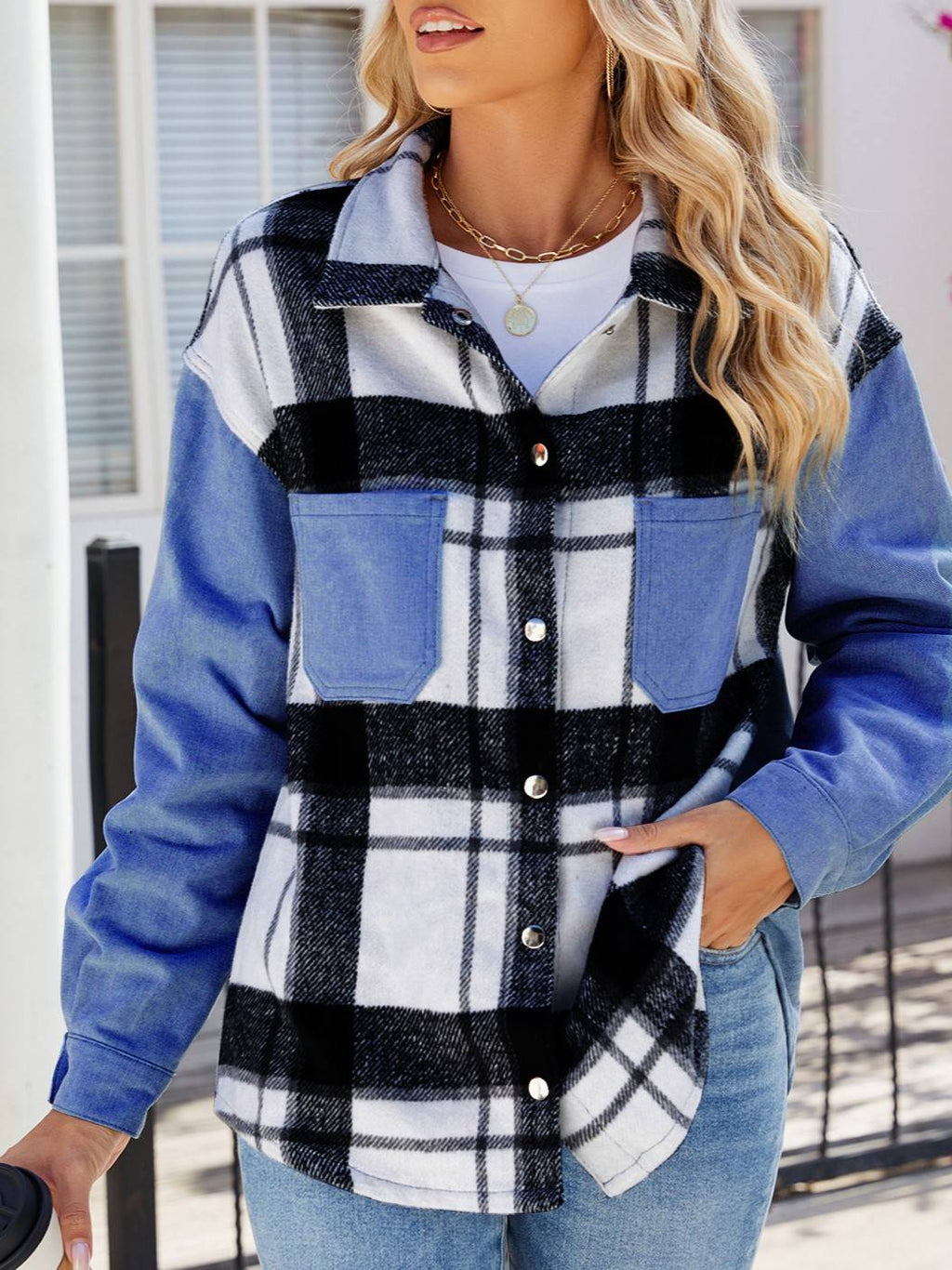 Buffalo Check Denim Colorblock Shirt Jacket - blue - 2