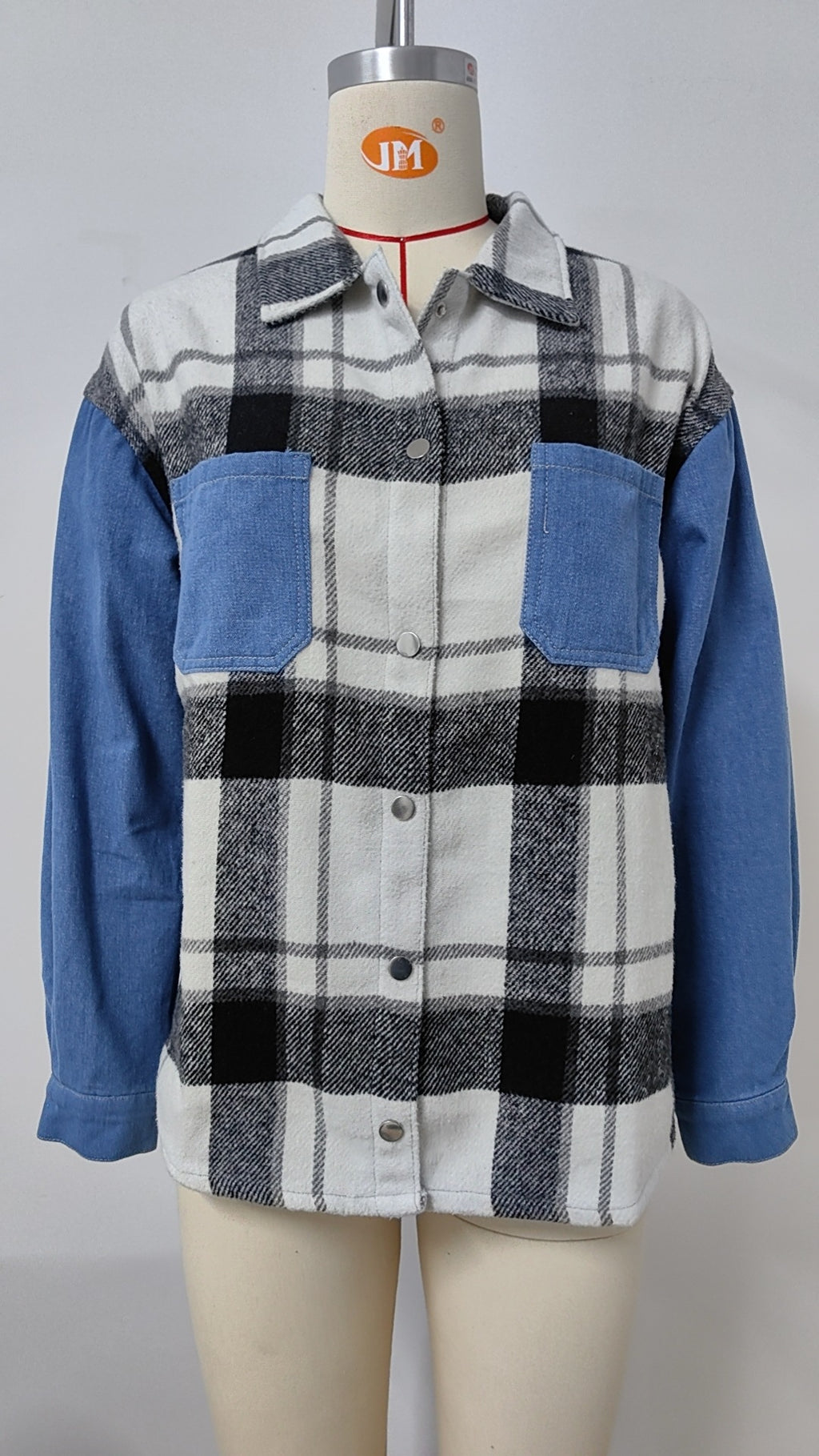 Buffalo Check Denim Colorblock Shirt Jacket - blue - 3
