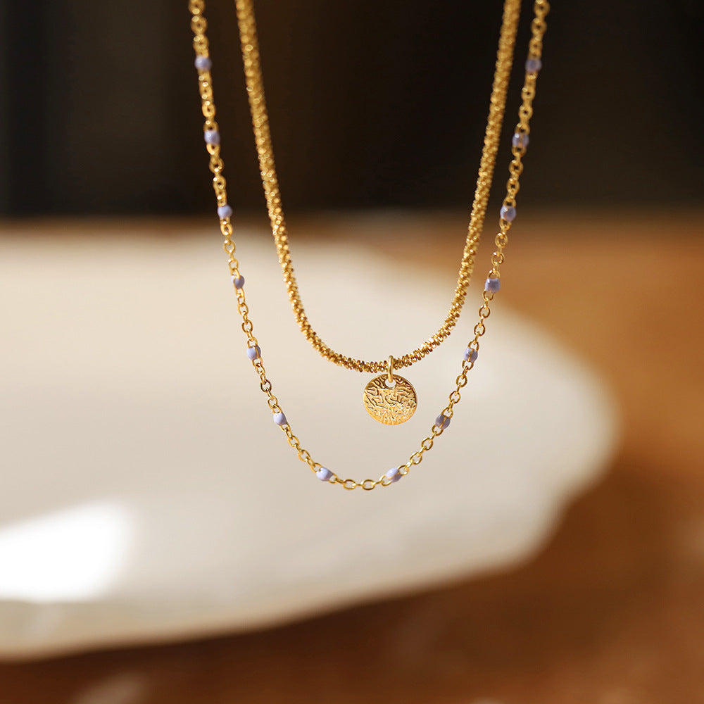 Beaded Double Layer Coin Pendant Necklace - Gold - 2