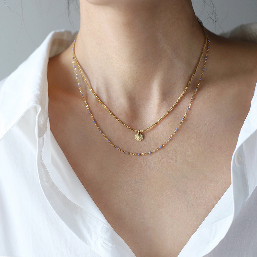 Beaded Double Layer Coin Pendant Necklace - Gold - 3
