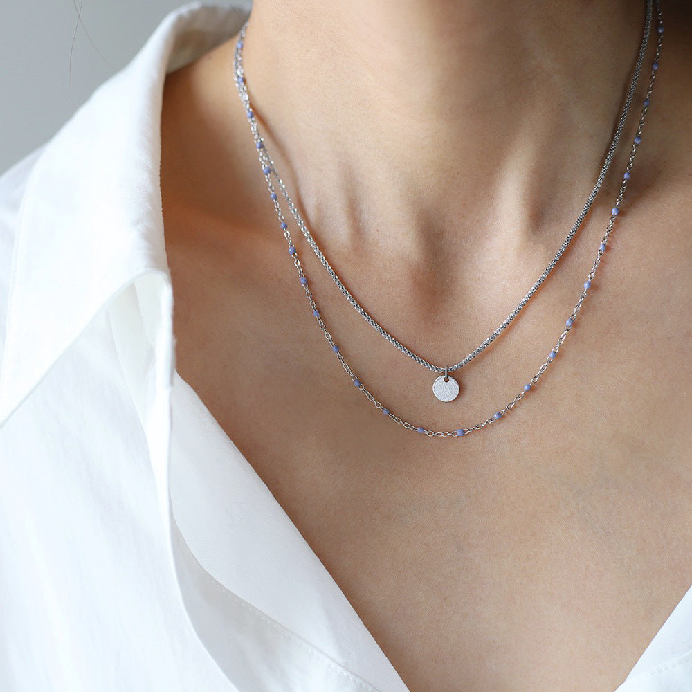 Beaded Double Layer Coin Pendant Necklace - Silvery - 1