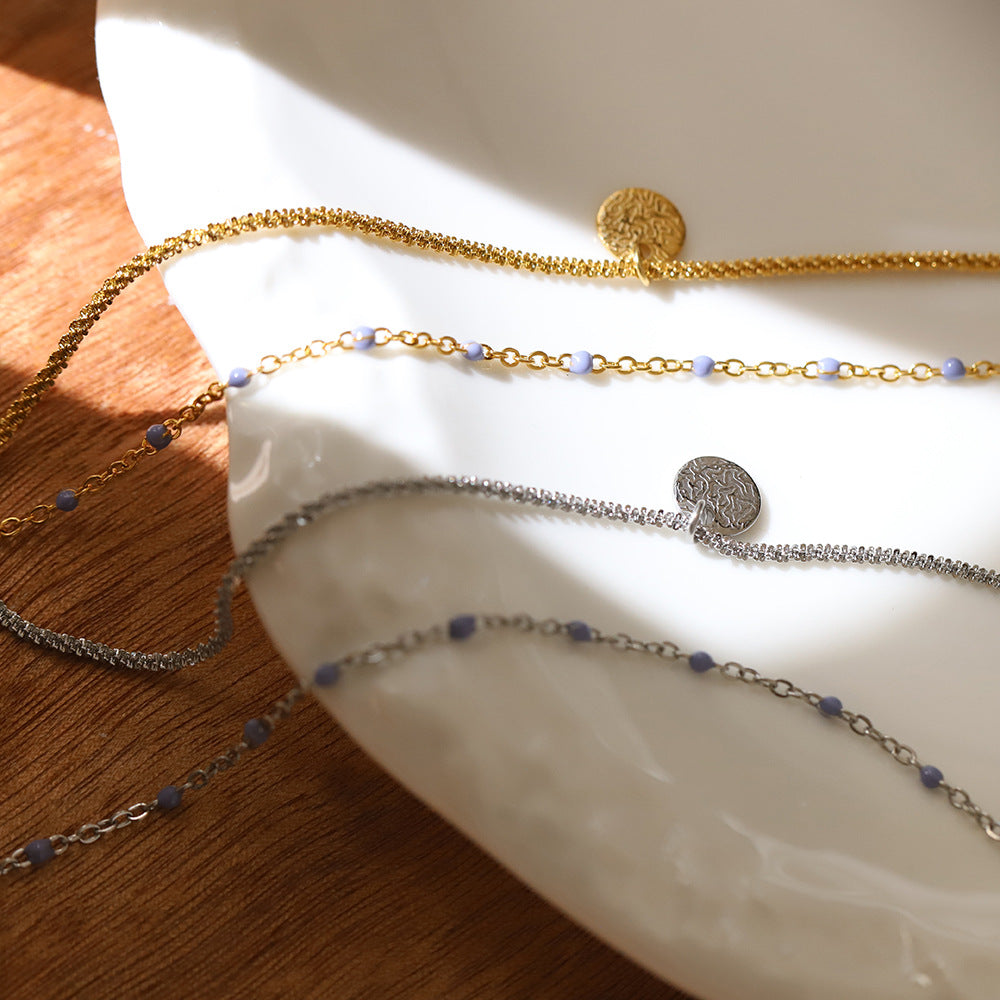 Beaded Double Layer Coin Pendant Necklace - Silvery - 2