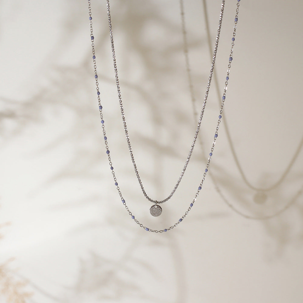 Beaded Double Layer Coin Pendant Necklace - Silvery - 3