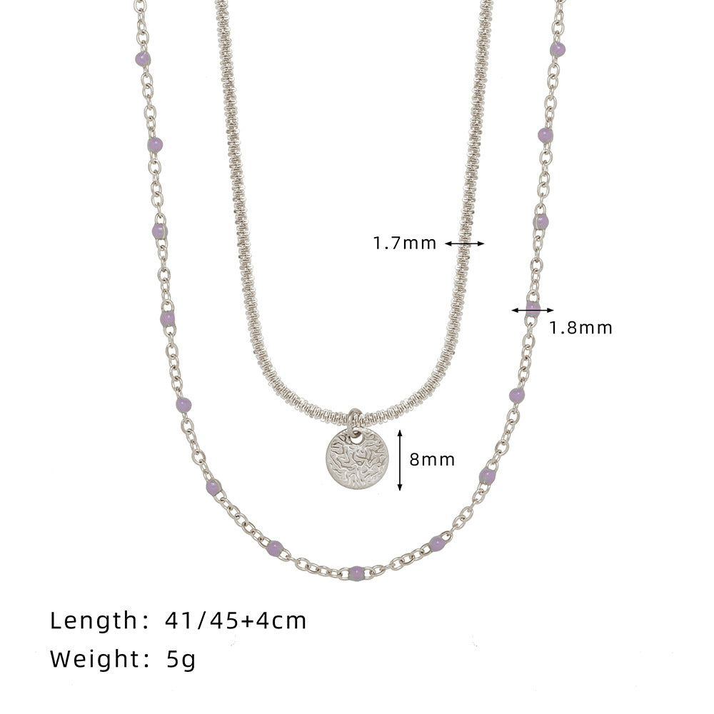 Beaded Double Layer Coin Pendant Necklace - Silvery - 4
